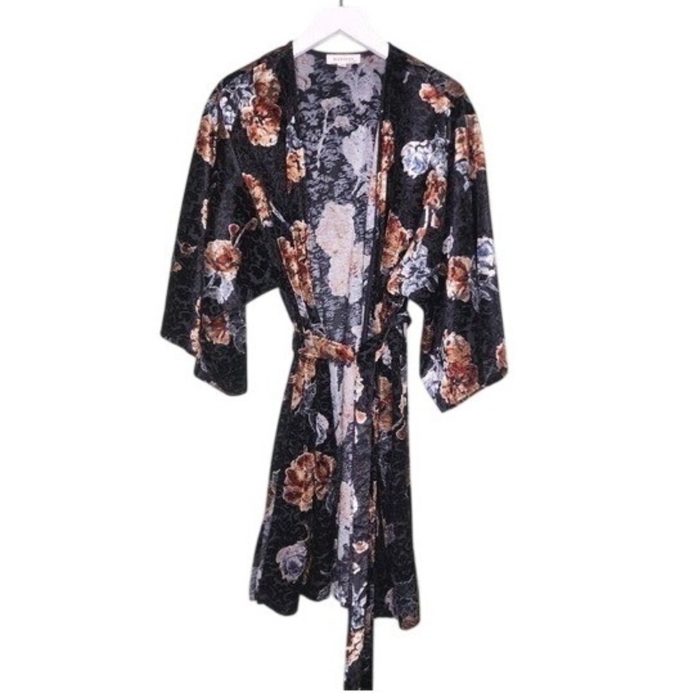 Monteau‎ Black Floral Print Velvet Kimono Cardigan Belt Jacket Whimygoth Boho L